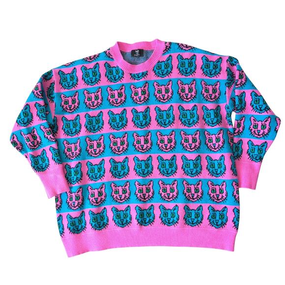 Dressed in LALA Sweaters - Dressed in Lala Pink Blue Cats Meow Oversized Crew Neck Sweater L XL - Cat Lady